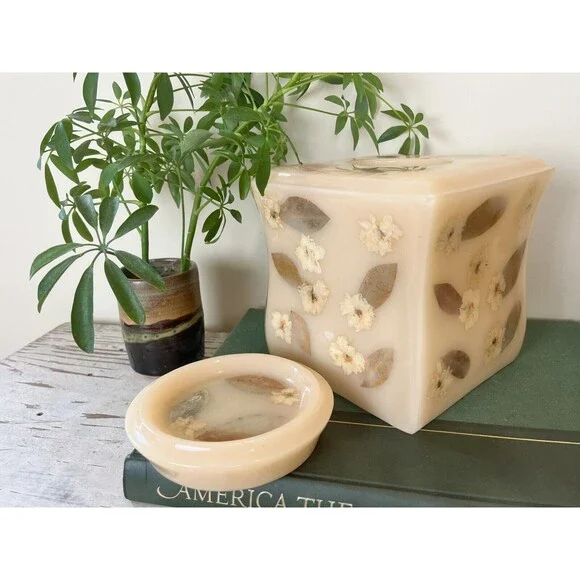 Vintage Cream Acrylic Dried Flowers Tissue Box & Soap Dish Bathroom Set / Retro - Picture 6 of 9